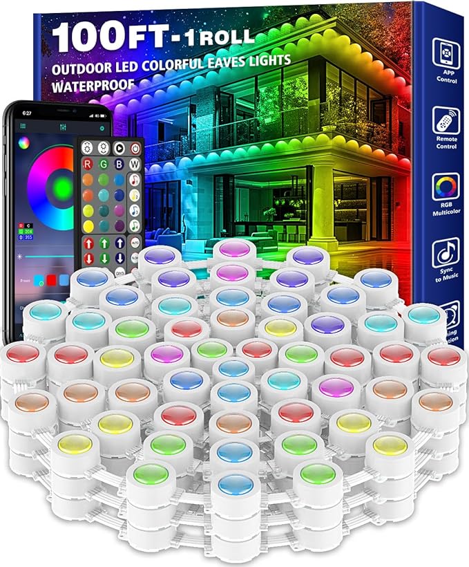 SINLEY Permanent Outdoor RGB Lights,Waterproof Smart LED Eaves Lights with App/Remote Control,for Christmas and All Holiday Decor,Daily and Accent Lighting,House Roof and Garden Lighting (100F)
