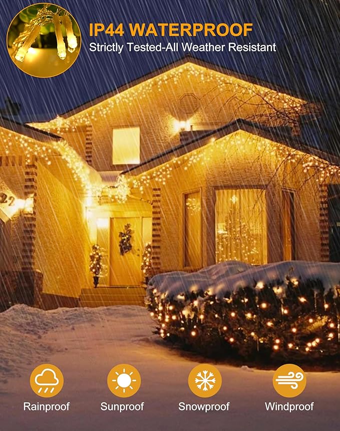 Christmas Icicle Lights for Outside 1000 LED 98FT with 160 Drops, Warm White Waterproof Fairy String Lights for Roof/Gutter/Wedding, 8 Modes & Remote, Timer, Energy-Efficient Holiday Decorations