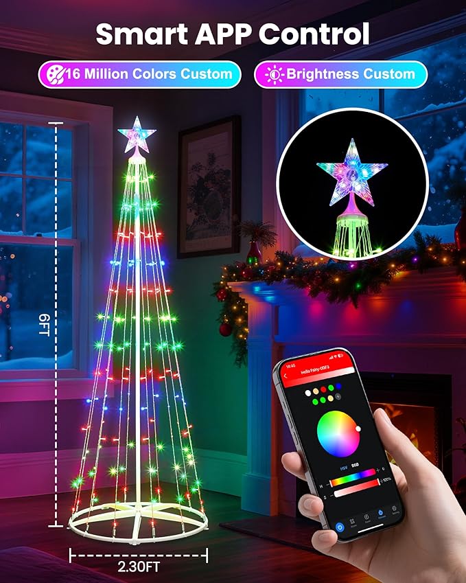 2 Pack Smart Christmas Cone Tree Light - 5FT 130 LED & 6FT 154 LED Artificial Tree with Star Topper, Music Sync, DIY RGB Light Show for Indoor/Outdoor Decorations