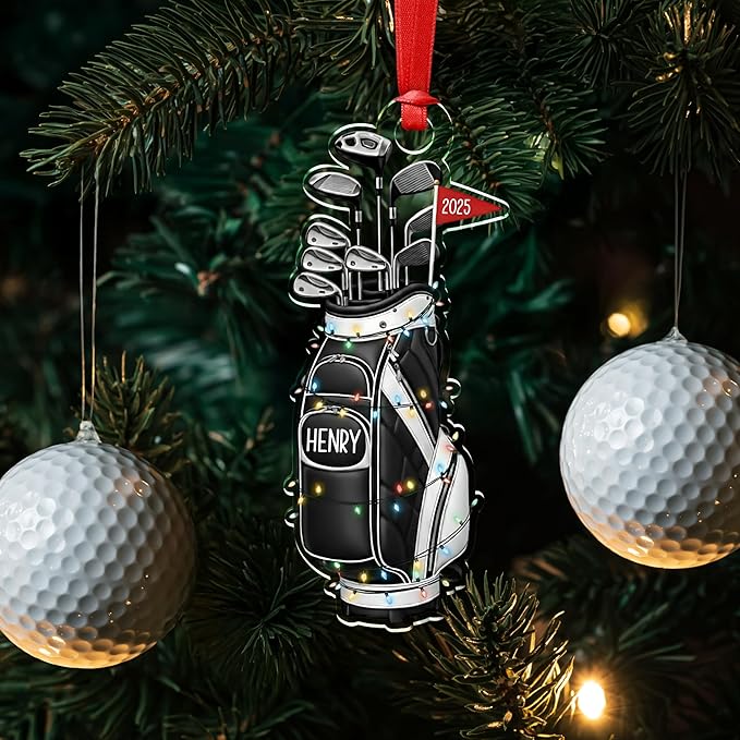 Personalized Golf Christmas Ornament - Custom Name & Year - 3.5" Acrylic Golf Bag Ornament with Ribbon – 5 Color Options – Golf Lover Gift, Golfer Christmas Tree Decoration