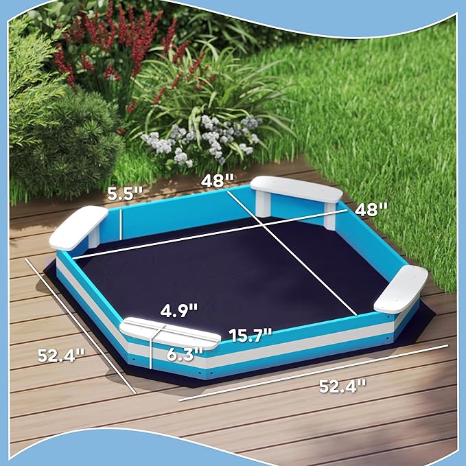 Qaba Kids Sandbox, Outdoor Wooden Sand Pit with 4 Corner Seats, Bottom Liner for Backyard, Garden, 52 x 52 x 6, Blue