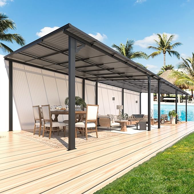 AECOJOY 32' x 12' Gazebo for Patio, Large Wall-Mounted Hard Top Lean-to Gazebo Pergola with Roof 12' x 32' on Clearance, Heavy Duty Patio Awnings for Decks, Backyard