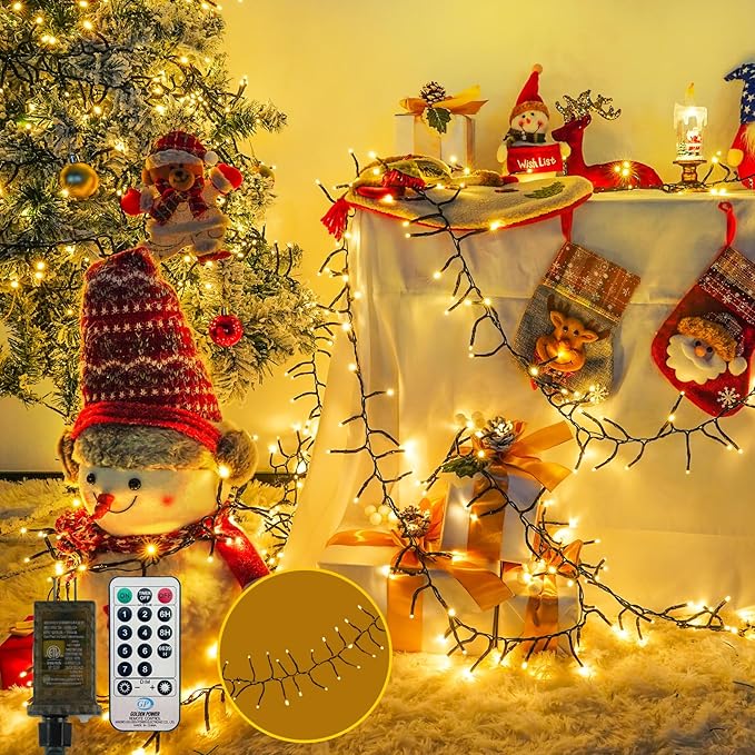 50FT 1000 LED Cluster Christmas Lights, Christmas Tree Lights Outdoor Indoor with 8 Modes & Timer & Remote, Firecrackers String Lights Waterproof for Garland Party Xmas Decorations, Warm White