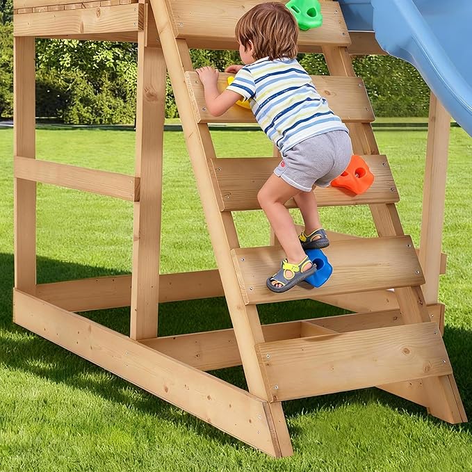 Spruce Wood Swing Set with Wave Slide, Belt Swings, Play Deck, Rock Wall Ladder, Pull up Rings and Puzzle Chess Board, Canopy Roof Outdoor Playset for Backyard
