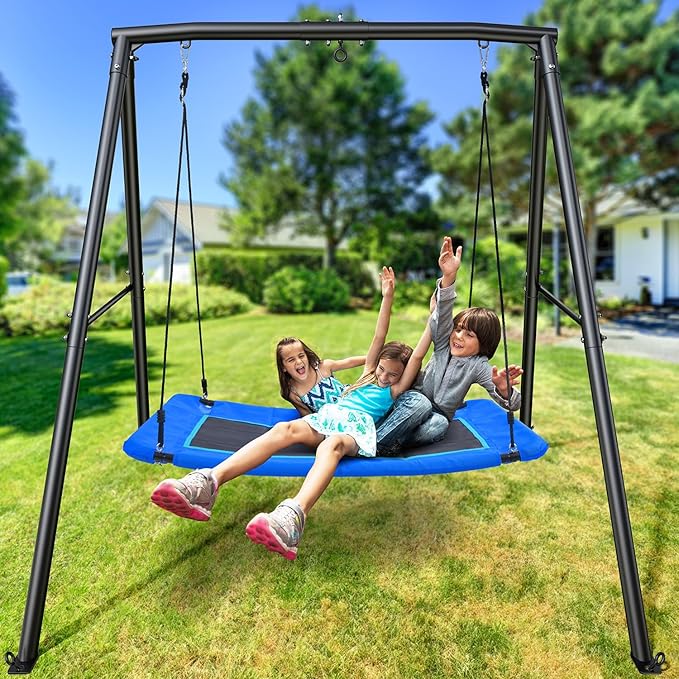 Trekassy 60 Large Platform Saucer Swing with Frame for Kids Outdoor, 440lbs Swing Set with Heavy Duty Metal Swing Stand for Backyard, Outdoor Kids Play Equipment (Blue)