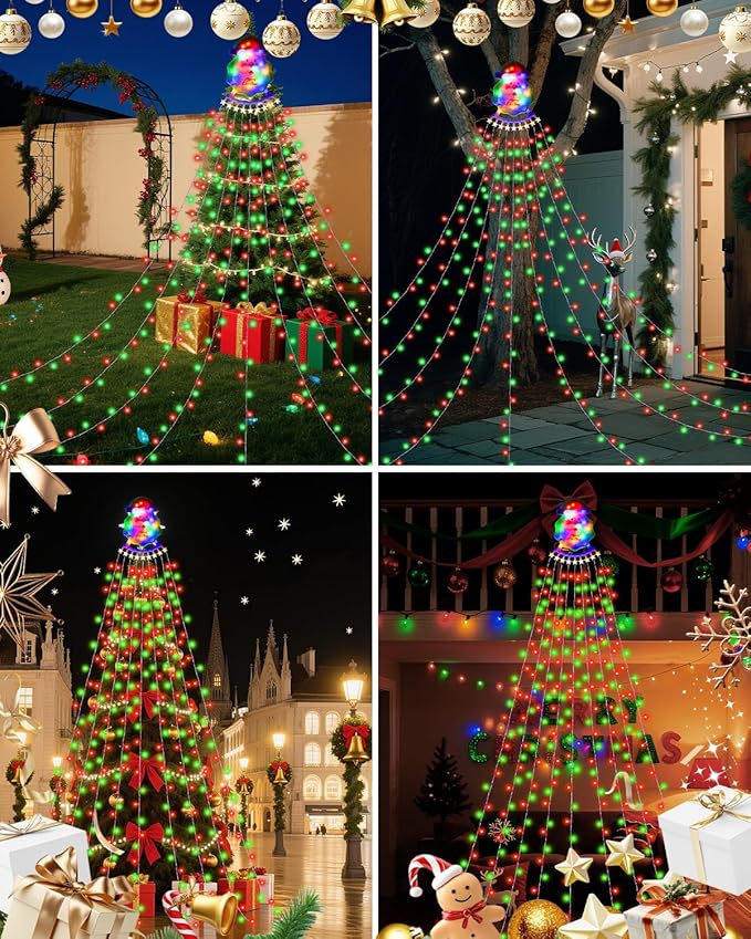 Christmas Decorations Outdoor String Lights - 335 LED 11.48ft 9 Strands Waterfall Tree Lights with Topper, 8 Lighting Modes Christmas Lights Indoor Decorative for Wedding Yard Party Home