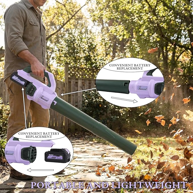Leaf Blower Cordless with Battery and Charger, 500 CFM/200 MPH, Electric Leaf Blowers with 2 Speeds, 2 Extended Tubes,2 x 2.0 Ah Battery-Powered Leaf Blowers for Lawn Care Blowing Leaves Yard(Purple)