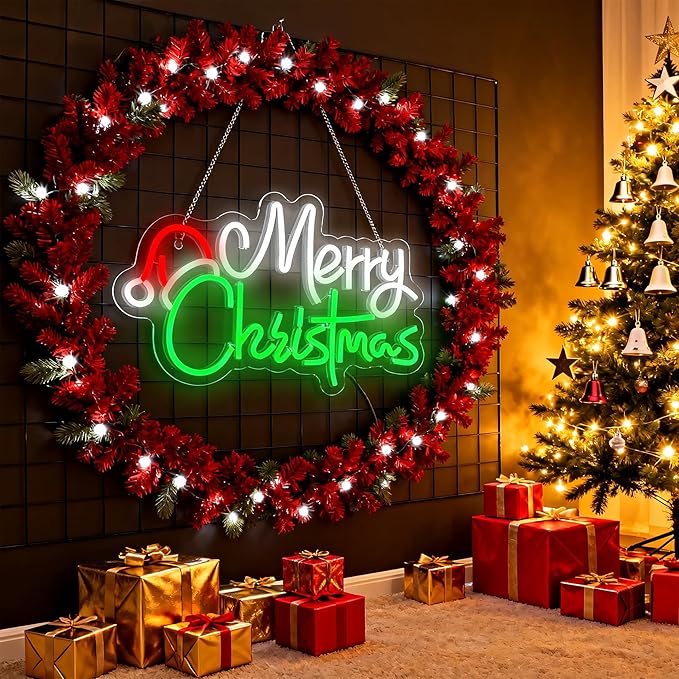 Merry Christmas Home Decor Santa Hat Neon Sign Led Neon Christmas Lights Ornaments Tree Decorations Outdoor Neon Signs for Wall Decor USB Powered Led Neon Signs for Room Decoration