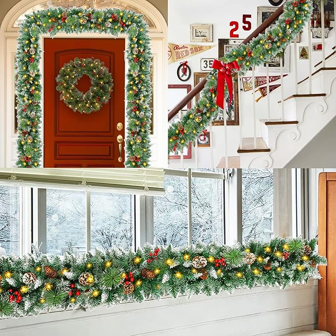 9FT Flocked Christmas Garland with 100 Lights for Mantle - Prelit Christmas Garland Lighted Xmas Garland Pine Cone Berry Cebar Garland Lights with Timer Outdoor Indoor Decorations