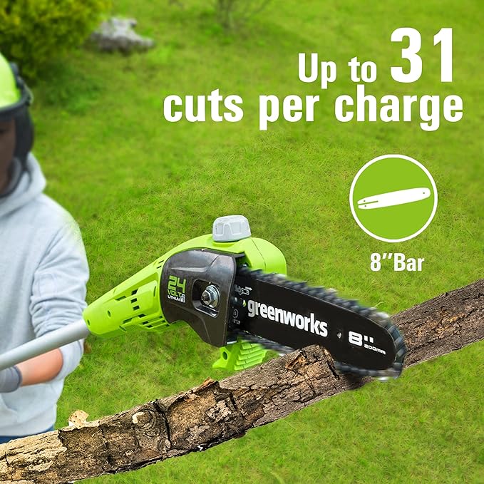 Greenworks 24V 8 Cordless Polesaw + 20 Pole Hedge Trimmer Combo (Great For Pruning and Trimming Branches / Shrubs), 2.0Ah Battery and Charger Included