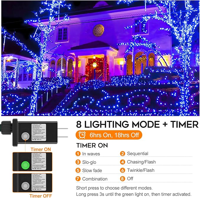 66ft 200 LED Christmas Tree Lights, End-to-End Plug 8 Modes Fairy Lights with Timer, Outdoor Indoor Xmas Light Christmas Tree, Patio, Garden, Party, Wedding, Holiday, Blue