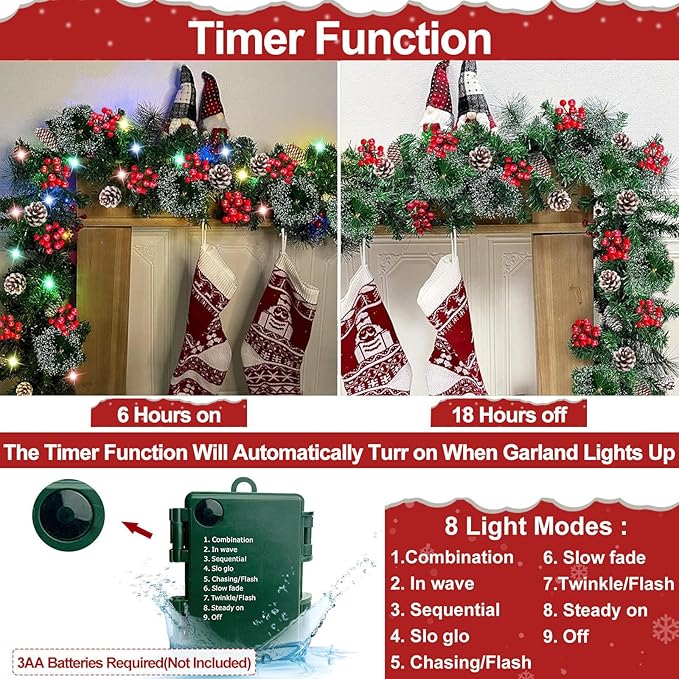 Timer 8 Modes - 9Ft by 10 Inch Prelit Christmas Garland with 50 Colorful Lights, Thick 270 Snowy Tips 70 Red Berry 10 Pinecone Battery Operated Real Touch Cedar Garland Xmas Door Mantle Indoor Outdoor
