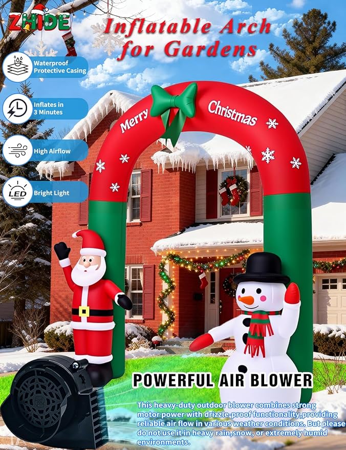 8FT Christmas Inflatables Outdoor Decorations,Inflatable Santa Claus and Snowman Arch Build-in LED Light-Christmas Blow Up Yard Decorations for Indoor/Outdoor Holiday Garden Lawn Yard Patio