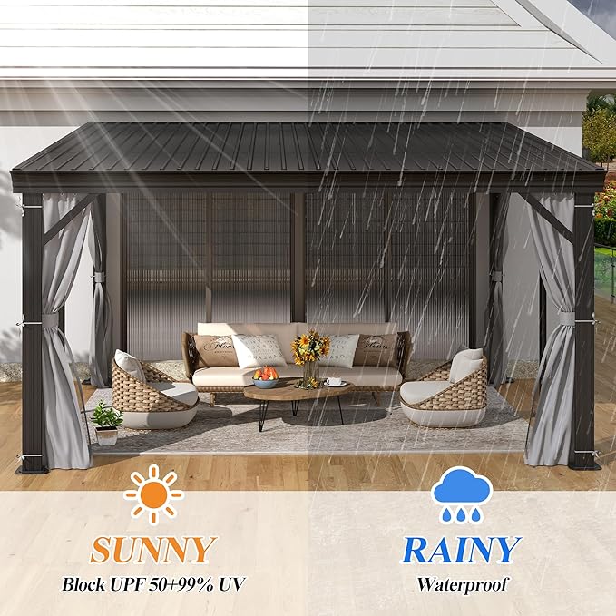 GARTOO 10' x 12' Lean to Hardtop Gazebo for Patio - Aluminum Frame Gazebos Pergola with Sloping Metal Roof, Outdoor Wall-Mounted Canopy Awnings to House for Patio, Garden, Lawn, Backyard Deck