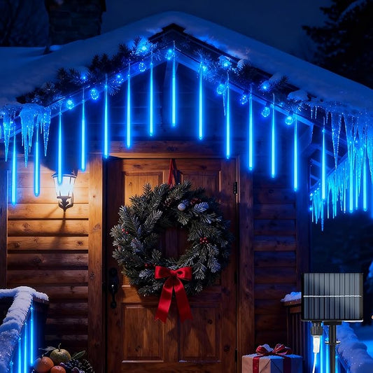 Flacchi Solar Meteor Shower Icicle Lights - 20 Tubes 480 LED Cascading Raindrop Lights, Outdoor Waterproof Christmas Decorations for Holiday Party (Blue, Solar 20 Tubes)