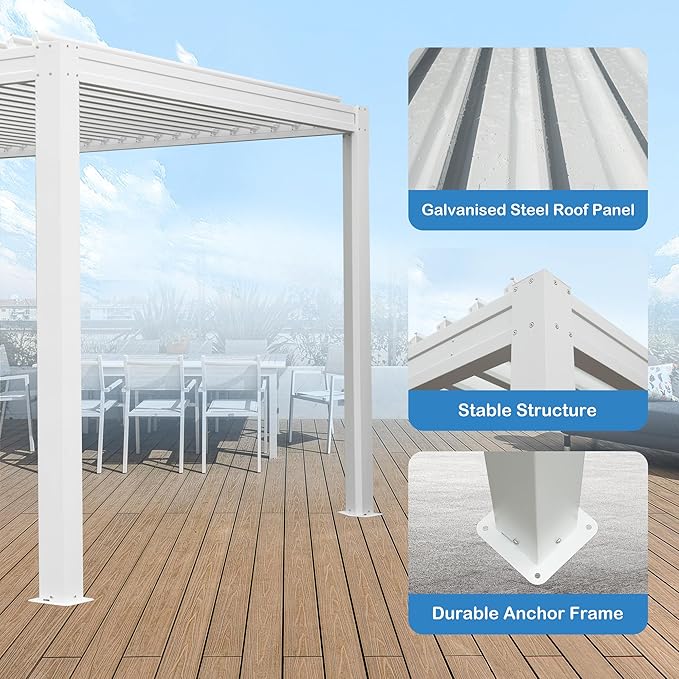 10’ x 20’ Louvered Pergola, Outdoor Pergola Aluminum Frame with Adjustable Rainproof Metal Roof, Permanent Sun Shade with Drainage System for Backyard, Garden and Lawn (White)