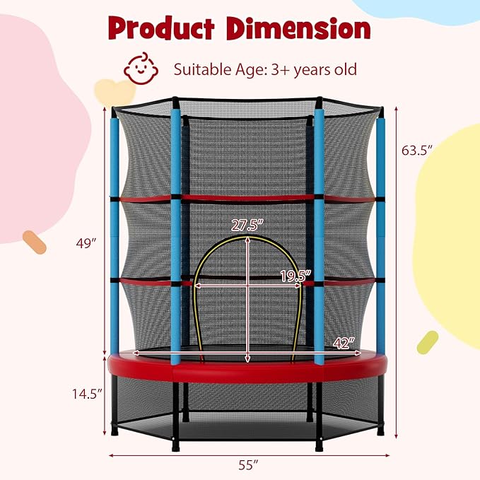 Goplus 55¡± Trampoline for Kids, ASTM Approved Toddler Trampoline w/Enclosure Safety Net, Bouncy Jumping Mat, Seamless Design, Indoor Outdoor Mini Recreational Rebounder for Boys Girls