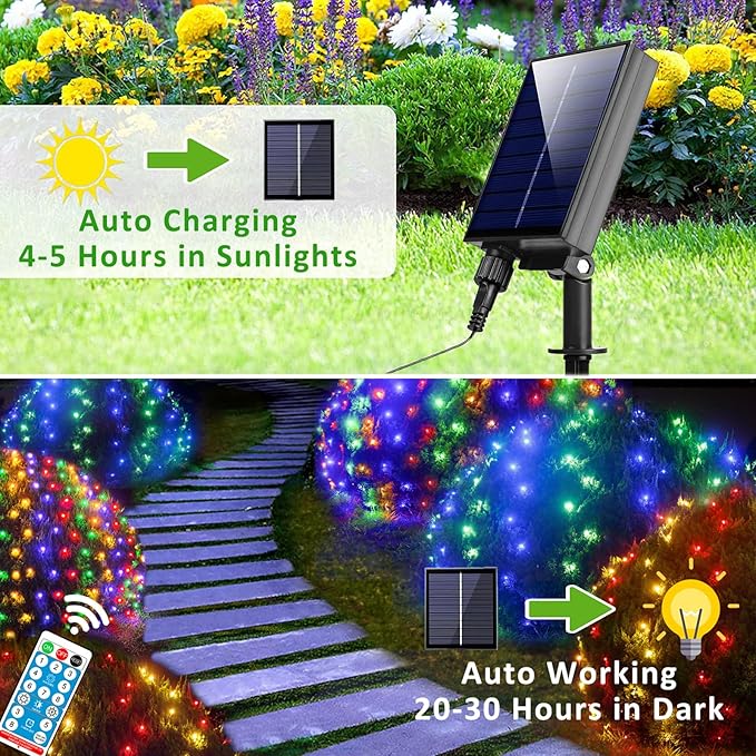 21ft x 5ft Solar Net Lights Outdoor, Solar & USB 2 Power Way 360 LED Waterproof Mesh Lights for Bushes, Remote Control 8 Modes String Light Trees Patio Garden Christmas Indoor Decor (Multicolor)