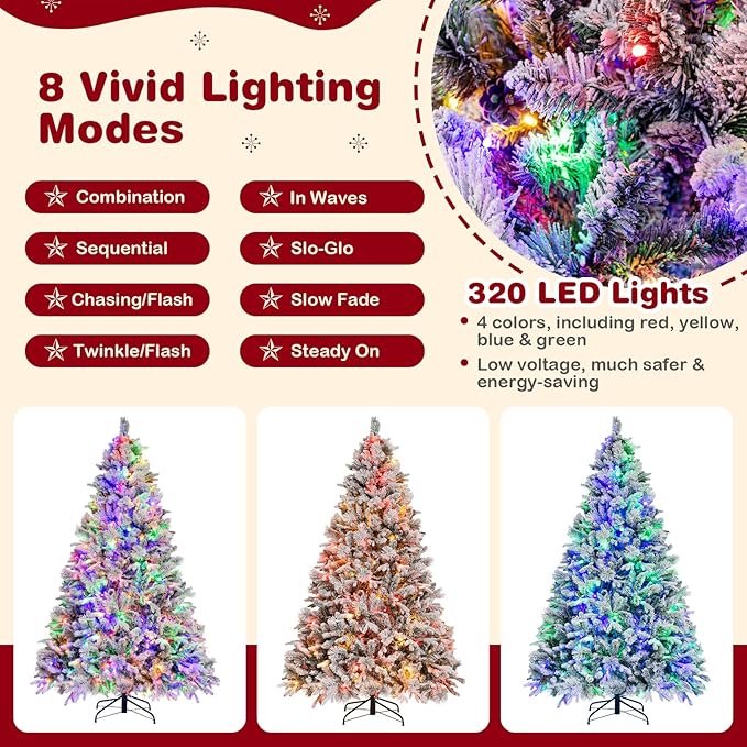 GOFLAME 7 FT Artificial Christmas Tree with Pine Needles, Snow Flocked Xmas Tree with 1270 PE & PVC Branch Tips, 320 LED Lights & 40 Pine Cones, Hinged Decoration Tree with 8 Lighting Modes