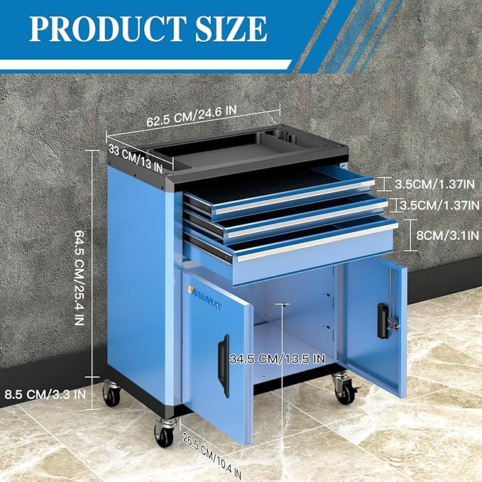 LARBANKE Rolling Tool Chest with Lock&Keys,360¡Æ Wheels and Drawer Liners,Tool Cabinet with 3 Drawers&2 Doors,Tool Cabinet Equipped with Connecting Rods for Stacking with 5&7-Drawer Chest