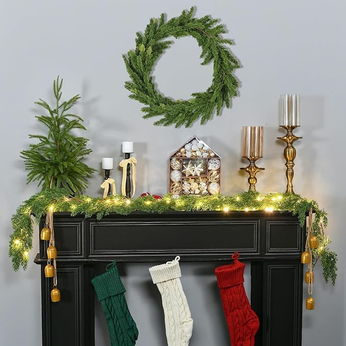 3PCS 6.2FT Christmas Garland with Lights, Real Touch Cedar Garland Artificial Realistic Thick & Lush Greenery, Soft Artificial Pine Garland for Mantle Fireplace Table Wall Indoor Christmas Decorations