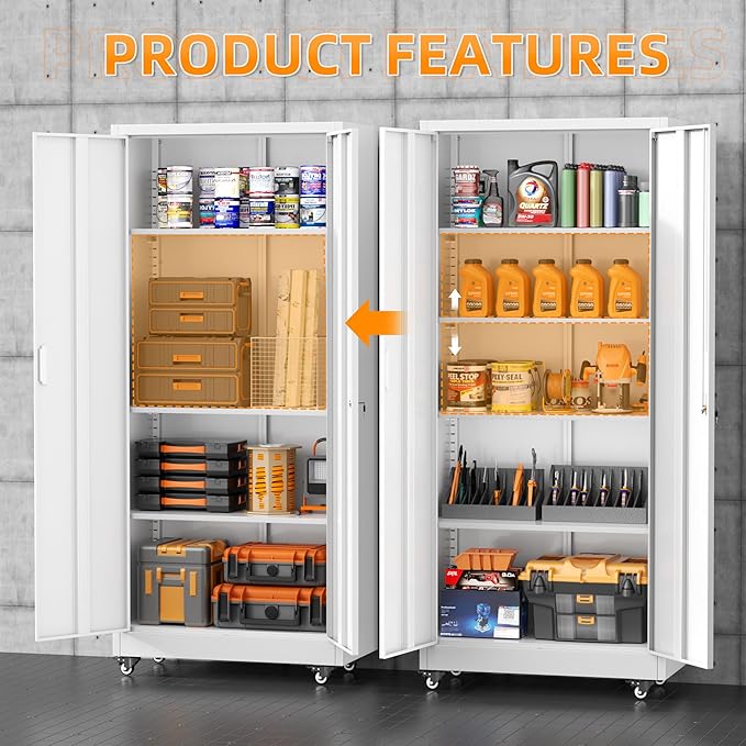 Superday 72¡± Metal Cabinet with Wheels, Lockable Steel Utility Cabinet with 2 Doors and 4 Adjustable Shelves, Tall Storage Cabinets for Garage, Home Office, Kitchen Pantry, Living Room, White