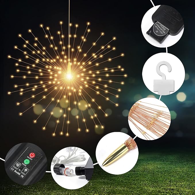 2 Pack Starburst Sphere Lights with Remote Control,200 LED Firework Light, 8 Modes Dimmable Waterproof Copper Wire Hanging Fairy Light for Patio Parties Christmas (Solar Powered)