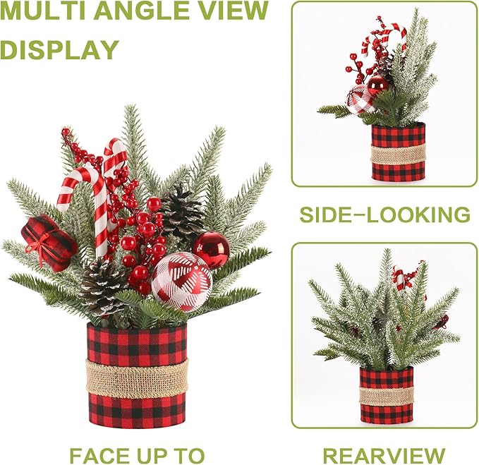 Super Holiday Small Winter Buffalo Check Plaid Christmas Tree, Artificial Mini Tabletop Christmas Tree Decorations with Xmas Ornaments, for Home Party Thankgivings Decor, Red/Black-Indoor