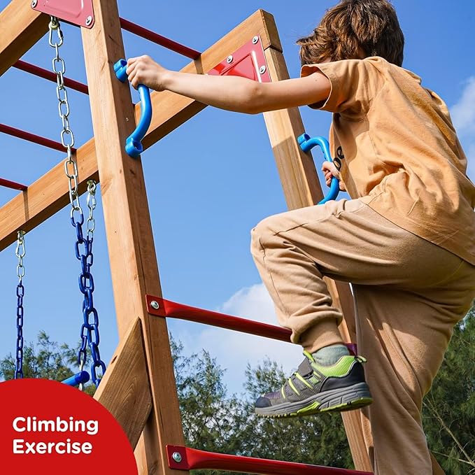 Dolphin Playground Wood Swing Sets for Backyard with Monkey Bar, Kids Outdoor Play Equipment, Outdoor Playset for Kids with Trapeze Swing Bar and 2 Belt Swings, Heavy Duty Playground Accessories