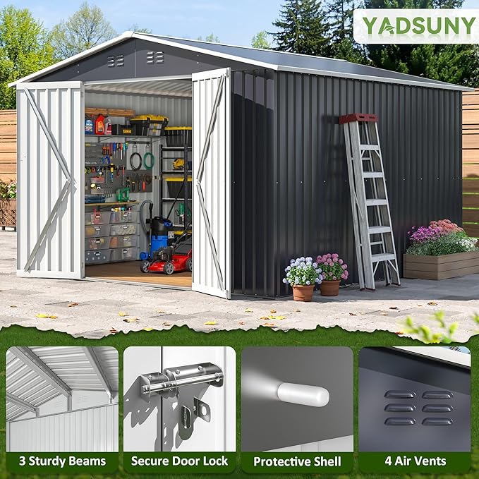 10x10 FT Outdoor Storage Shed, Metal Garden Tool Shed with Updated Frame Structure and Lockable Doors, Ideal for Backyard Garden Patio Lawn, Grey