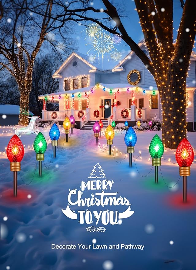 2 Pack Jumbo C9 Christmas Pathway Lights Outdoor - 10.5 Feet 5 Lights Strawberry C9 Walkway Lights, C7 Light Covered Jumbo Multicolor Light Bulb Outdoor Decorations for Lawn Garden Outside
