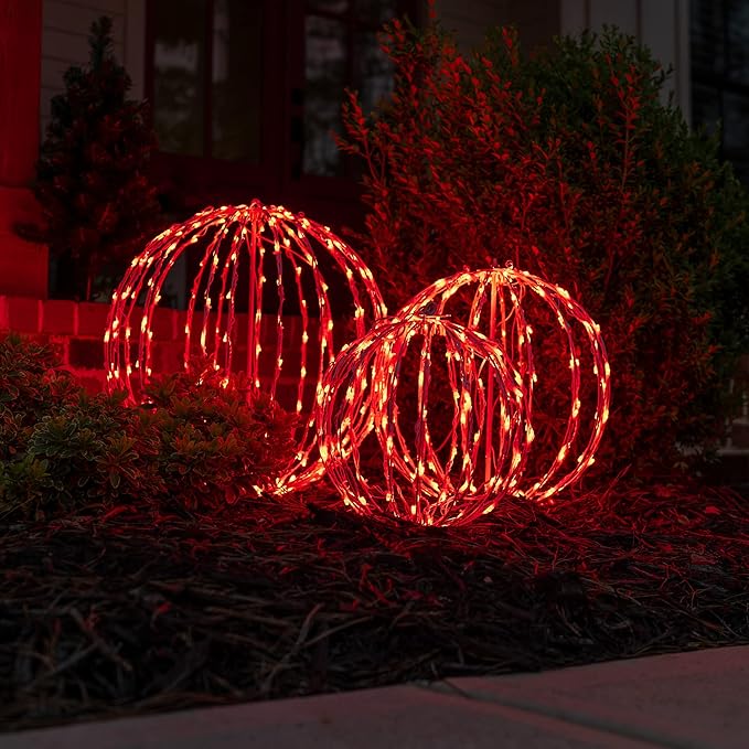 LED Light Ball Indoor-Outdoor Christmas Hanging Tree Globe Light Sphere, Fold Flat Metal Frame (12", White Frame/Red String Lights)