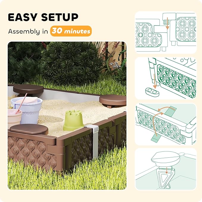 Qaba Kids Sandbox with Cover, Square 47 HDPE Large Sand Pit with 4 Seats, Waterproof Bottom Liner, Weather Resistant Outdoor Sand Box for Backyard, Lawn, Garden, Beach, Patio, Brown