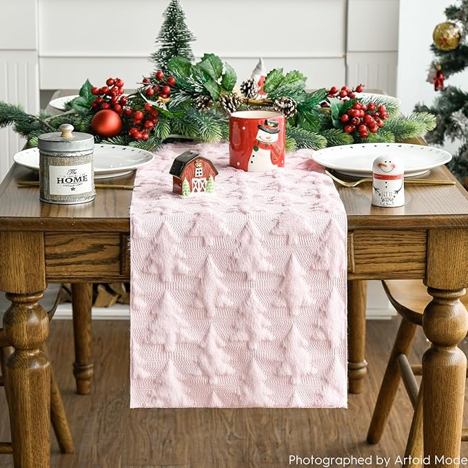 Artoid Mode Christmas Trees Pink Soft Plush Faux Fur Jacquard Christmas Table Runner, Holiday Kitchen Dining Table Decoration for Home Party Decor 13x72 Inch