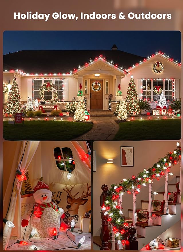 Christmas Pathway Lights Outdoor, 2 Pack 26 Ft 20 LED C9 Strawberry String Lights with Stakes, Connectable Waterproof Outside Christmas Lights Marker for Path, Lane, Patio Decor, Red & Pure White