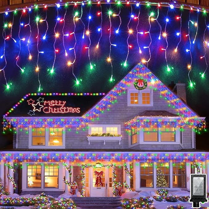66FT 670 LED Christmas Lights 148 Ice Drops, 12 Modes and Timer Memory Dimmable, Outdoor Waterproof Hanging String Light for Xmas Holiday Wedding Garden Fence House Tree Outside Decor (Multicolor)