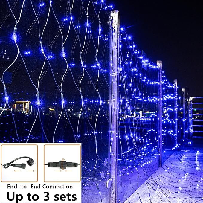 Joomer Christmas Net Lights - 12FT x 5FT 360 LED Plug-in Mesh Lights, Waterproof with 8 Modes, Timer, Connectable for Bushes, Trees, Garden, Outdoor Christmas Decor (Green Wire, Blue)
