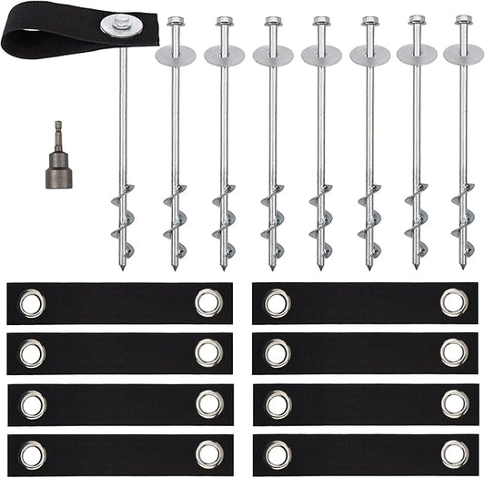 Trampoline Anchors High Wind Heavy Duty 12" Set of 4/6/8 with Straps, Drill Bit - Trampoline Anchor Kit - Trampoline Stakes Anchors High Wind - Ground Anchors - Trampoline Wind Stakes - Ground Stakes