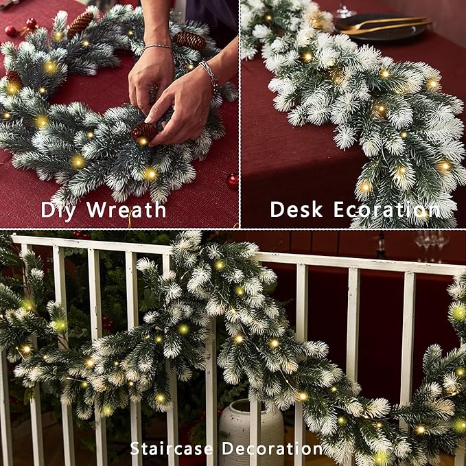6FT PARTY JOY Seasonal Artificial Christmas Garland with LED String Lights Pine Needle Greenery Garland Holiday Outdoor Winter Decor