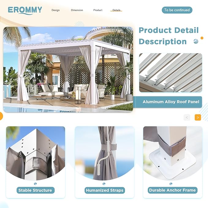 EROMMY Louvered Pergola 12' x 12' Outdoor Hard Top Pergola with Aluminum Frame and Adjustable Metal Rainproof Roof for Garden & Patio, Curtains and Netting Included, White