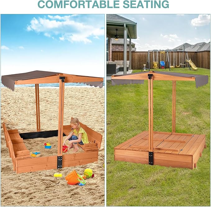 Large Wooden Kids Sand Box with Cover,Sandbox with Lid Foldable Beench Seats,Sand Boxes for Backyard Garden, Beach Patio Outdoor