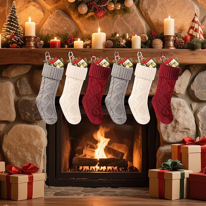 Christmas Stockings 18 Inches,Long Knitted Socks Christmas Decoration Holiday Gift Hanging Stocking Fireplace Xmas Tree Stocking For Home Family（2red+2white+2gray）