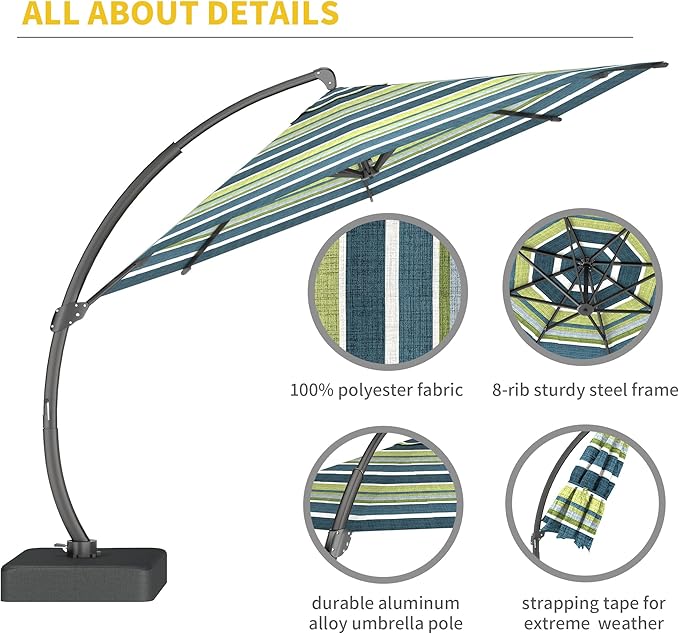 Kingdura 11ft Offset Cantilever Patio Umbrella with Base Included, Large Round Aluminum Outdoor Umbrella with 100% Acrylic Fabric, 360° Rotation & Infinite Tilt for Deck Pool Backyard, Green Stripes