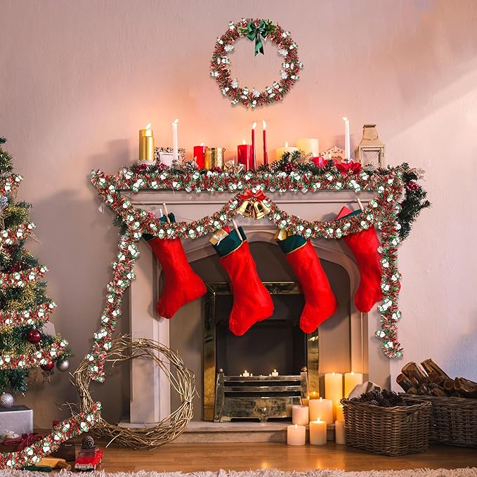 50FT Red Green Christmas Tinsel Garland with Snowman Ornaments, Metallic Xmas Christmas Tree Garland Decorations Indoor Outdoor for Home Fireplace Mantle Stair Office Classroom Party Holiday Decor