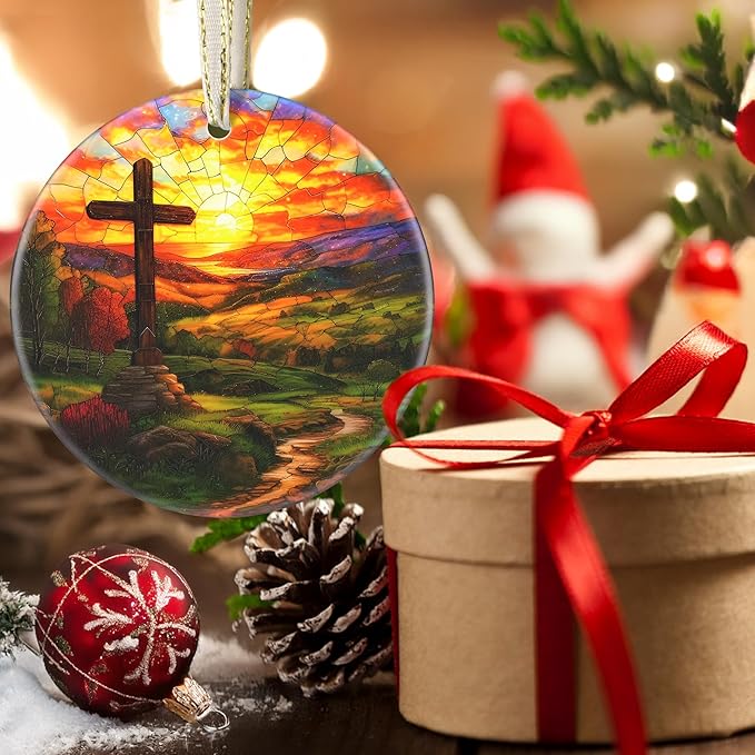 Cross Christmas Ornament, 3.5 Inch Ceramic Christian Ornament, Christmas Tree Ornaments, Christian Gifts, Religious Gifts, Thanksgiving Gifts, Perfect for Holiday Party, Tree, Window