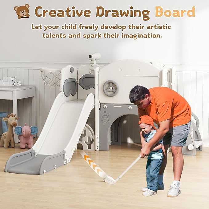 10-in-1 Toddler Slide Playset,Indoor Playground for Kids 1-3 and Toddler Outdoor playset with Golf Set, Basketball Hoop, Climbing Frame, Drawing Board and Steering Wheel, Gray & White