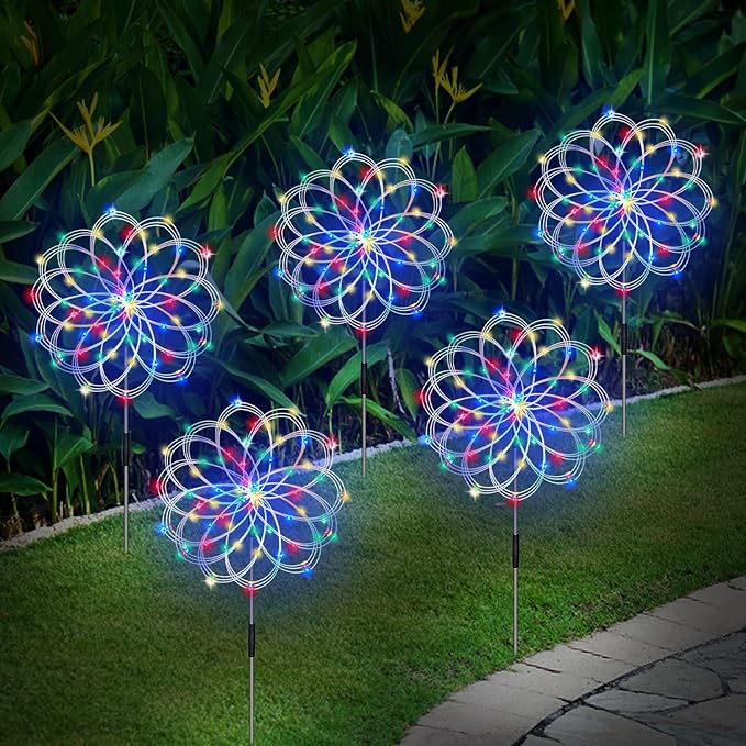 Solar Firework Lights, Garden Light 5 Pack 120 LED Remote Control Solar Decorative Light, Waterproof Stake Landscape Lights with 8 Flashing Modes, for Garden Pathway Courtyards Decor(Colorful)
