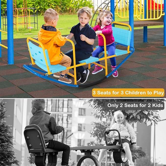 GLACER Teeter Totter Seesaw for Kids, 3-Person Metal Rocking Seesaw for Boys Girls Ages 3-8, 2 in 1 Indoor Outdoor Rocker Toy with Easy-Grip Handles, Playground Equipment for Backyard (Blue)
