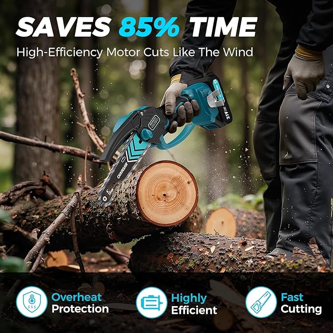 Chainsaw 6-Inch 1 Pack 2000mAh Battery Hand Mini Chain Saw Birthday Christmas Gifts for Men Portable Cordless for Wood Cutting Tree Trimming Projects Gardening Tools (Blue-1 Battery)