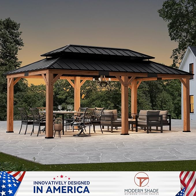 Modern Shade Rosewood Wood Gazebo 12' x 20', Cedar Framed Grill Gazebo with Double Galvanized Steel Roof, Permanent Hardtop Pavilion with Sturdy Hooks for Garden, Backyard, Patio, and Deck